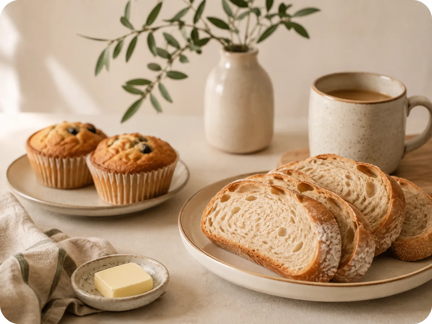 Homemade bread and blueberry muffins on a kitchen table
